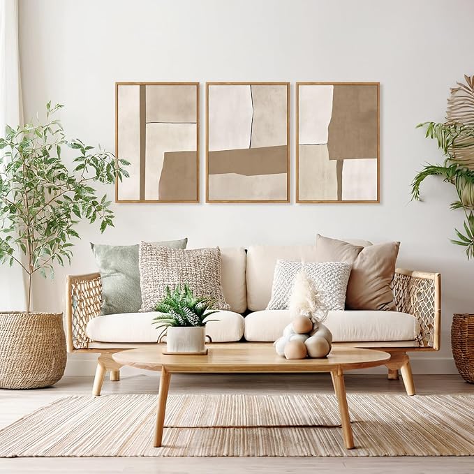 HOURIA 3Pcs Framed Boho Abstract Geometric Canvas Wall Art (16"x24"), Vintage Mid Century Modern Earth Tone Wall Decor, Minimalist Neutral Illustration Art Print for Office Living Room Bedroom