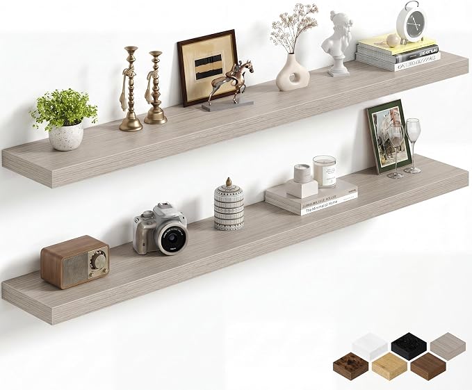 Fun Memories 60Inch Long Floating Shelves, 8 Inch Deep Shelves for Bedroom|Living Room, Wall Mounted Wood Hanging Shelf with Invisible Brackets for Fireplace Mantel Home Storage Decor, Grey - 2 Pack