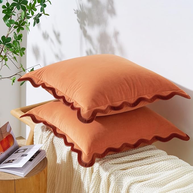 MONDAY MOOSE Decorative Throw Pillow Covers Cushion Cases, Set of 2 Soft Velvet Scalloped Wavy Edge Designs, Mix and Match for Home Decor, Pillow Inserts Not Included (16x16 inch, Rust/Coral)
