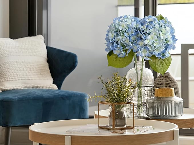 ZYTUYO 20in 4PCS Faux Blue Hydrangea Artificial Flowers Lifelike Latex Hydrangeas Faux Flower Heads Real Touch Fake Bouquet with Stem for Silk Floral DIY Home Office Party Table Decor