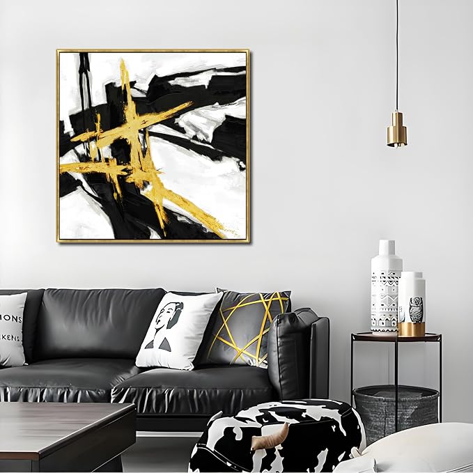 Sofoney Gold Framed Black & Gold Abstract Wall Art, 24"x24" | Hand Painted Texture, Gold Foil, Modern Brushstroke Canvas, For Living Room Bedroom Office