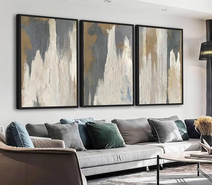 ASDCEUTICALS Large Canvas Wall Art - Gray Brown and Beige Abstract Pictures for Living Room Vintage Wall Decor Retro Artwork Black Float Framed Paintings for Bedroom Dinning Room 16" X 24" X 3 pcs