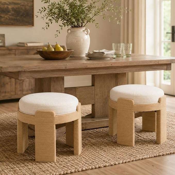 Round Vanity Chair, Boho Hand-Woven Rope Upholstered Accent Foot Stool Ottoman Fully Assembled for Bedroom Living Room Entryway, Beige Linen