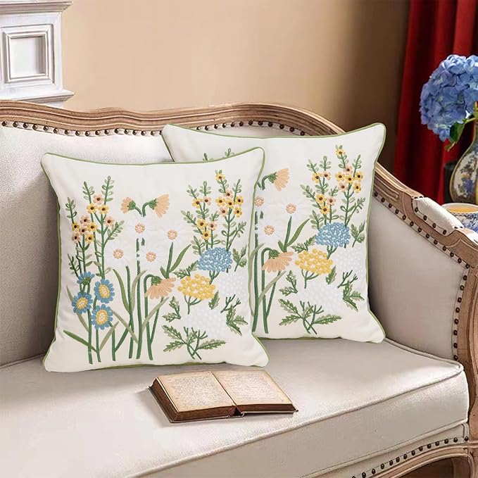 Set of 2 Embroidered Decorative Throw Pillow Covers Couch Square Pillowcases Cushion for Bedroom Sofa Farmhouse Decor 18x18 Inch (Yellow Daisy)