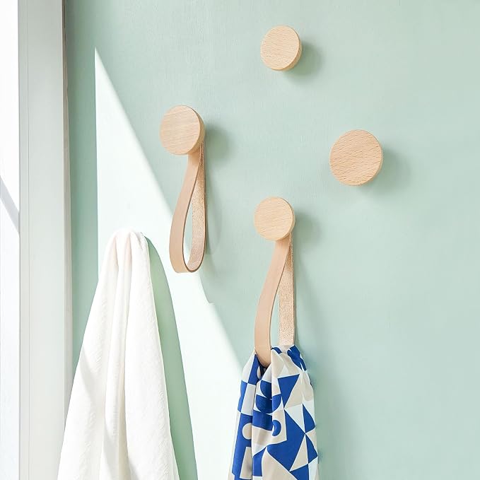 Round Beech Wood Coat Hook + Leather Strap - Set of 2 (1.9 inch Diameter)