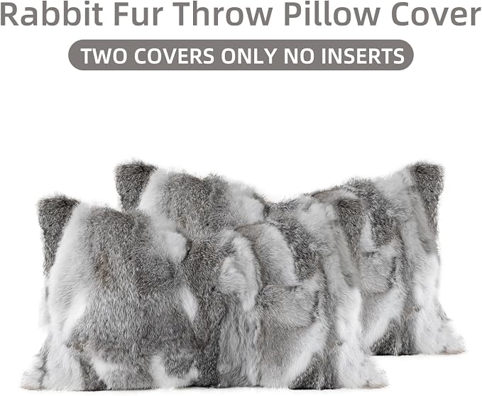 Genuine Rabbit Fur Pillow Covers Set of 2, Luxury Decorative Throw Pillowcases Fluffy Animal Skin Accents Bolster Cushion Cover for Couch Sofa Bedroom Living Room Home,12x20inch, Grey