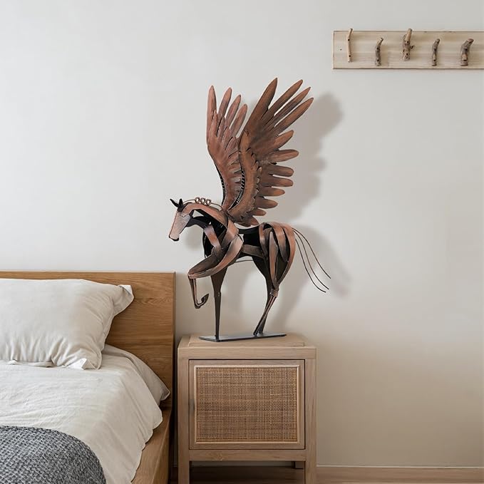 SunBlogs Art Horse Statue Décor Artwork, 24" H Handmade Metal Pegasus Greek Flying Horse Sculpture, Hand-Painted Animal Figurines for Home Living Room Office (Vintage Brown with Wings)