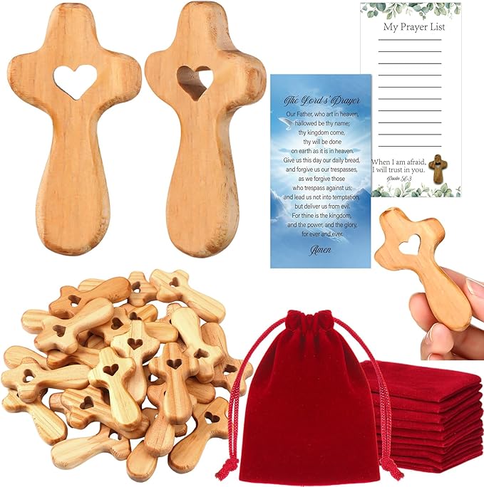 Bucherry Olive Wood Cross My Heart Small Pocket Crosses with Bags and Prayer Cards Jesus Christian Hand Crosses Bulk for Mother Day Baptism First Communion Church Gift(25 Set,Wood,2.36 Inches)
