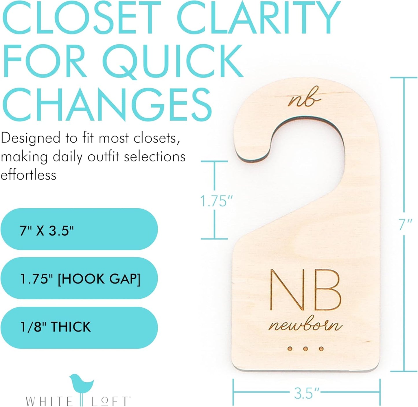 Baby Clothes Dividers for Closet – Wood Size Dividers for Newborn to 24 Months, Nursery Organizer, Large 1in Letter Size (Set of 7)