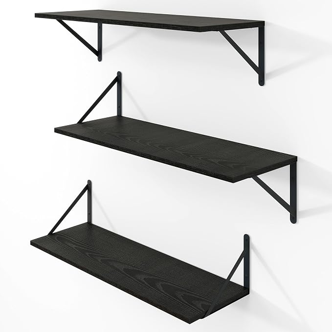 Vivelove Black Deep Floating Shelves for Wall, 24W x 8D Wood Wall Shelves Set of 3, Wide Floating Bookshelf for Living Room, Kitchen, Office, Bedroom and Decor Storage, with Metal Bracket - Black
