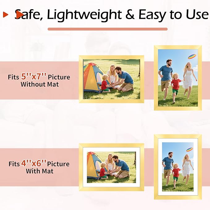 5x7 Picture Frames 8 Pack, Gold Frames for Wall or Tabletop Display, Photo Frame Collage with HD Plexiglass for Home Office Wall Decor, Display Pictures 4x6 with Mat or 5x7 Without Mat