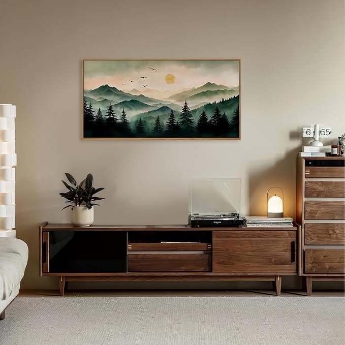 Large Boho Mountain Framed Canvas Wall Art Set 20"x40"x1 | Misty Forest Landscape Green Pine Tree Wall Painting Nature Sunrise Art Prints Living Room Bedroom Dining Room Office