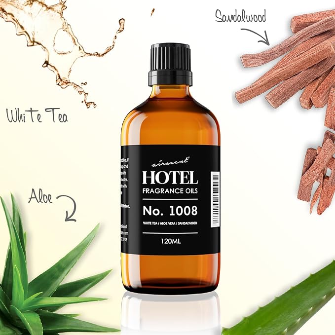 AirScent Hotel Diffuser Oil No. 1008 - White Tea, Aloe Vera & Sandalwood - Premium Fragrance Oil for Ultrasonic and Waterless Diffusers and Crafting - 500 mL, 16.9 fl oz Glass Bottle