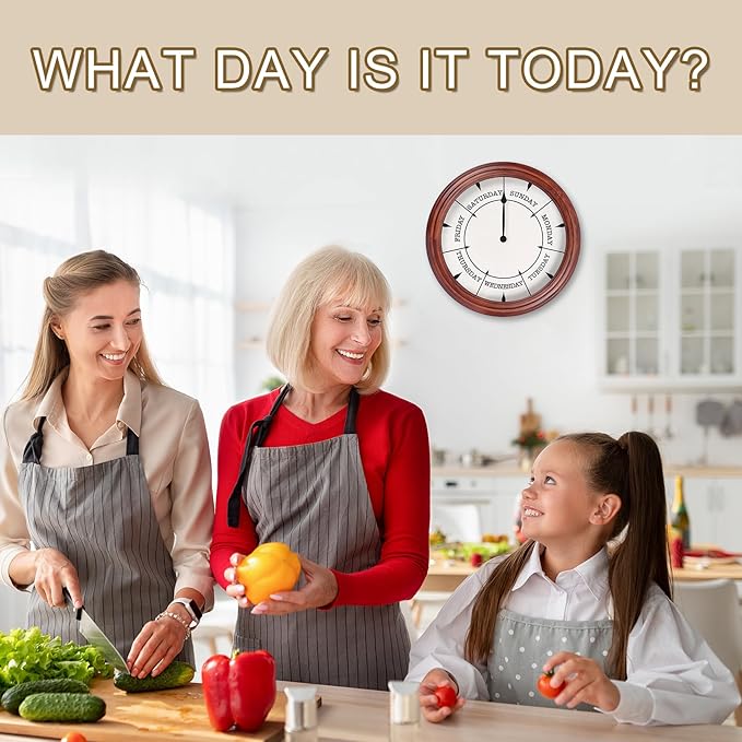 Day of The Week Clock 14Inch Retirement Wall Clock with Wood Frame Day Wall Clock for Men Women (Dark Reddish Brown)
