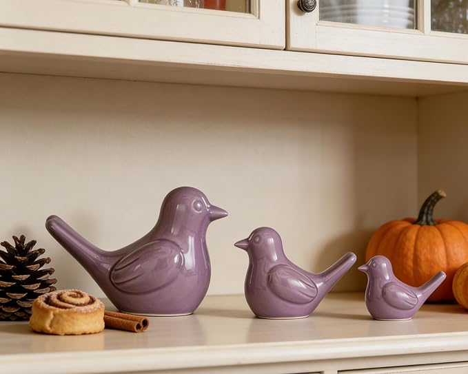 Small Purple Bird Statue Ceramic 2-Piece Set, 3¾ inch Cute Knick Knack for Home Office Shelf Desk Decor