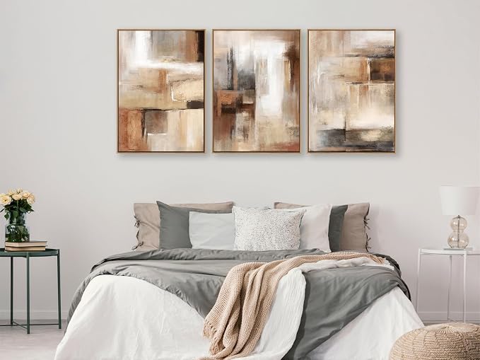 Large Framed Canvas Wall Art - Natural Float Framed Brown Abstract Pictures for Living Room Decor Modern Black Abstract Painting Artwork Prints for Bedroom Kitchen Home Office Decor 60" X 28" Set of 3