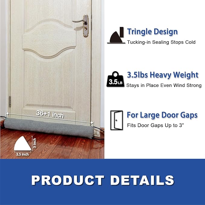 YOUFi 36 Inch Weighted Door Draft Stopper, 3.5lb Heavy Under Door Draft Blocker, Self-Resetting Gap Filler Seal Blocks Cold, Hot Air, Noise, with Non-Slip Bottom, Machine Washable Cover