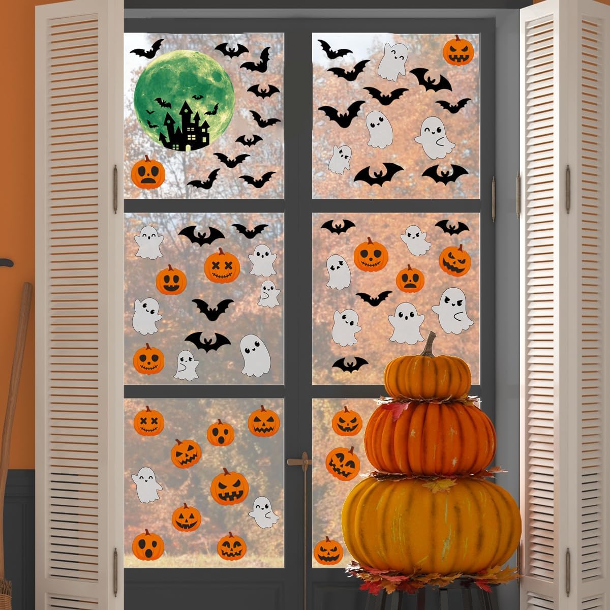 6 Sheets Halloween Window Clings Halloween Window Stickers Double-Sided Removable Castle Pumpkin Ghost Bat Window Decals Decor for Scary Halloween Theme Party Decorations
