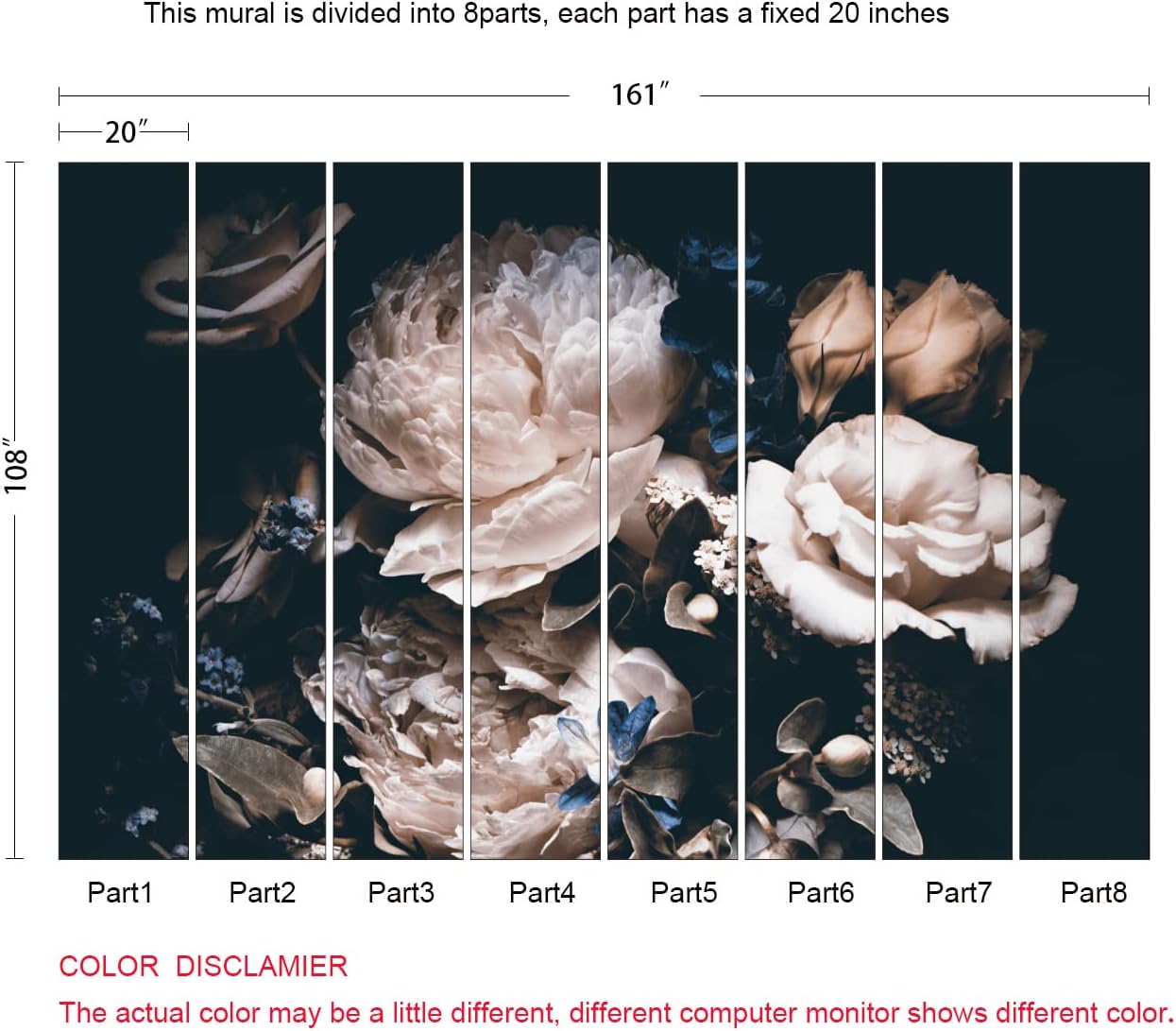 Dark Floral Wallpaper Peony Wall Mural Room Wall Decor(Not Peel n' Stick)