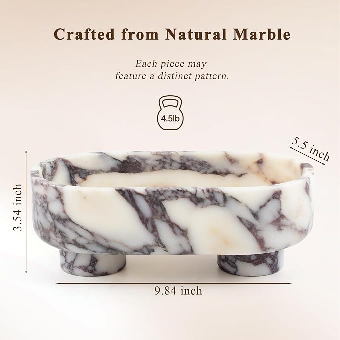 Natural Oval Marble Fruit Bowl, Two-Legged Decorative Bowl Calacatta Viola | 10" Large Handcrafted Marble Catchall Bowl for Home Decor. Fruit Basket Bowl, Entryway Bowl, Pedestal Bowl for Dining Table