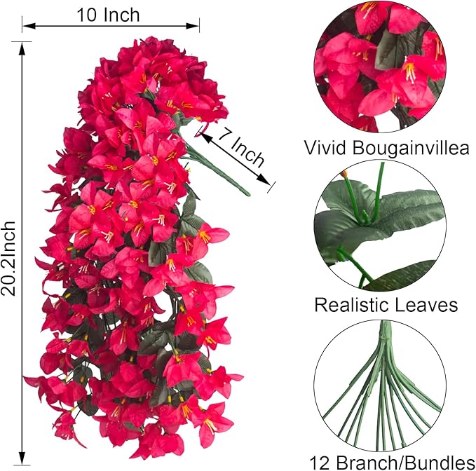Grunyia Artificial Bougainvillea Flowers – 4 Pcs UV Resistant Fake Flowers with Silk Petals, Realistic Trailing Plants for Outdoor Indoor Wall Garden Home Wedding Decor (Hot Pink) (Rose Red)