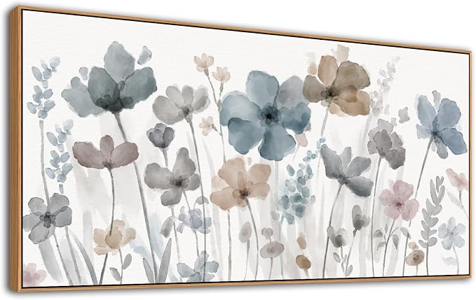 yearainn Framed Elegant Watercolor Floral Wall Art – Blue and Taupe Botanical Flowers Picture, Soft Abstract Floral Painting Artwork for Home Wall Decor, Ready to Hang, Natural Wood Frame, 24" x 48"
