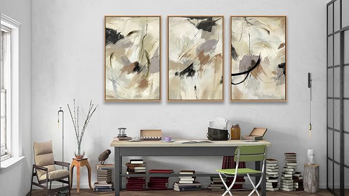 Large Framed Wall Art for Living Room Natural Wood Gold Float Framed Art Set of 3 Abstract Canvas Pictures Minimalist Artwork Canvas Prints for Bedroom Home Office Wall Decor 20X28inX3pcs