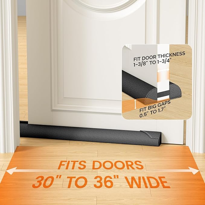 fowong Door Draft Stopper, 36" Under Door Draft Stopper Soundproofing, 30 Inch to 36 Inch Triangle Noise Blocker Seal Large Gap up to 1.7", Easy to Install Black