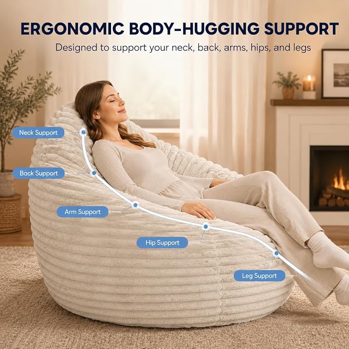 Simple Deluxe 3.25 ft Faux Fur Memory Foam Bean Bag Chair, Large Comfy Lazy Chair for Adult with Memory Foam Filled & Washable Cover, Perfect for Reading Gaming in Living Room Bedroom, Taupe