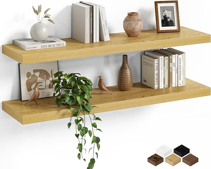 Fun Memories Floating Shelves for Wall, 36 Inch Long Set of 2 Rustic Wood Wall Shelves with Invisible Brackets, Heavy Duty Storage Display for Living Room Bedroom Kitchen, Oak