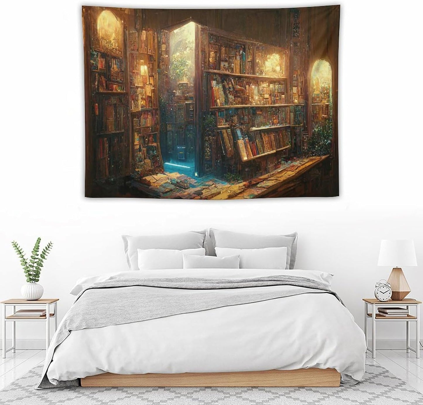 Kurtect Bookshelf Tapestry,Vintage Style Library Watercolor Art Theme Pattern Print Tapestries for Party Beach Picnic Blankets Tablecloths Living Room Wall Deocr, 30x40 in