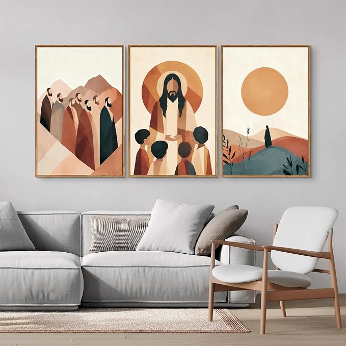 KYLESONLIE Large Jesus and Disciples Framed Canvas Wall Art Set, Boho Christian Bible Posters Wall Decor, Minimalist Religious Faith Art Paintings for Living Room Bedroom Dining Room Church 16"x24"x3