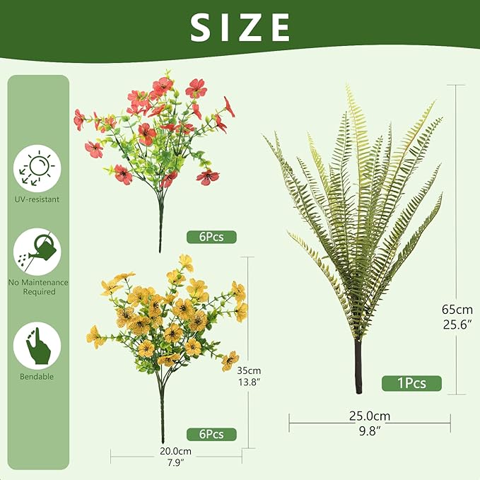 INQCMY Artificial Flowers for Outdoor 12 Pcs Faux Silk Daisy and 1 Pcs Fake Long Leaved Grass UV Resistant Tall Ferns for Home Doorway Courtyard Garden Backyard Decorative