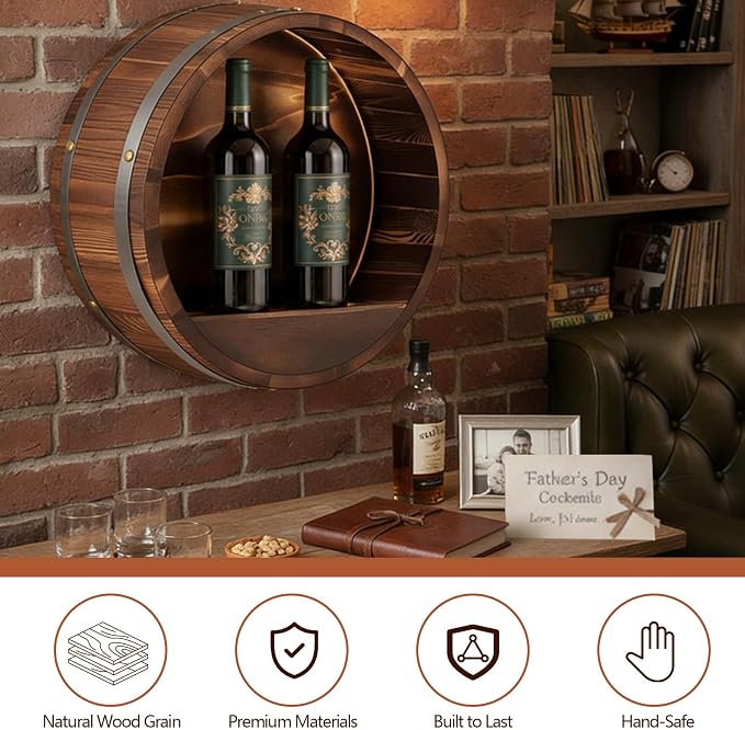 Colingmill 19.7 x 5.9 in Whiskey Barrel Decor Shelf Rustic Wall Mounted Bourbon Wooden Floating Hand Wine Rack Oak Barrel Wine Bottle Holder Display Stand Vintage Bar (Black Poplar)