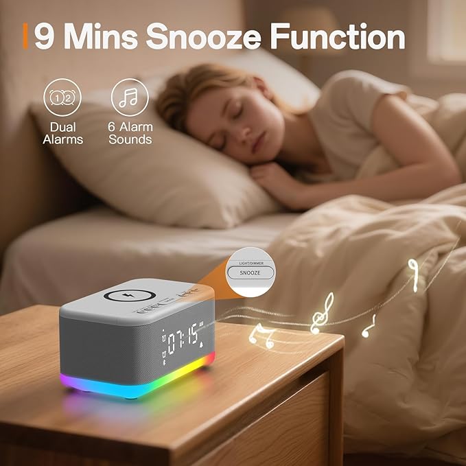 Wireless Charging Alarm Clock Bedroom, Digital Alarm Clocks Bedrooms Bluetooth, Loud Bluetooth Speaker Alarm Clock Night Light Dual Alarm Snooze 12/24H Dimmer Bluetooth AUX USB Charging, Grey