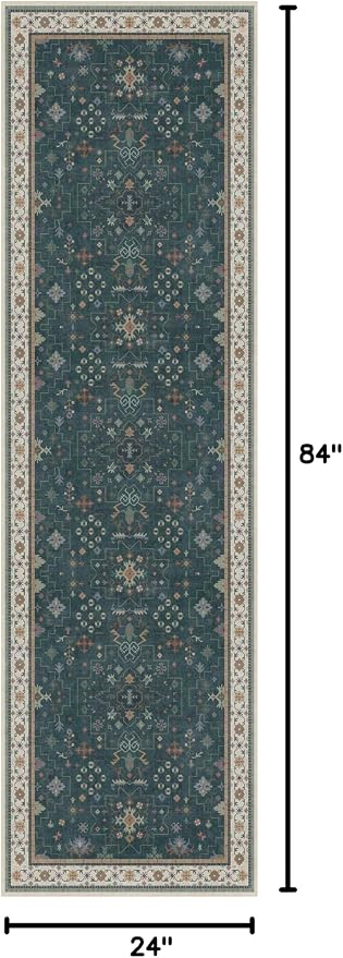 Hazo Haus Vintage 2x7 Washable Runner Rug Non Slip for Kitchen, Bathroom, Hallway - Low Pile Stain Resistant 7ft Long Runner Rugs - Victorian Eclectic Floral Pastel Home Decor (2x7 Dark Green)