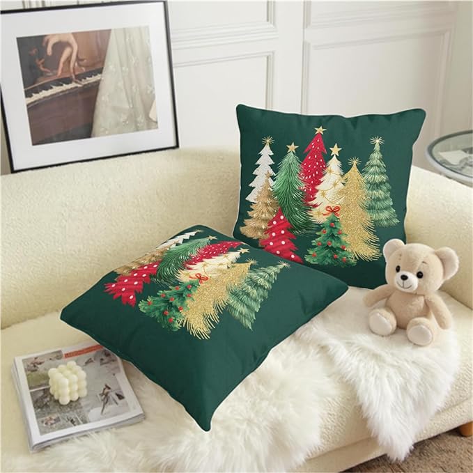 Christmas Pillow Covers 20x20 Set of 2 Green Xmas Tree Throw Pillow Covers Winter Holiday Decorative Pillowcase Double Sided Printing Cushion Case for Home Decor Sofa Couch