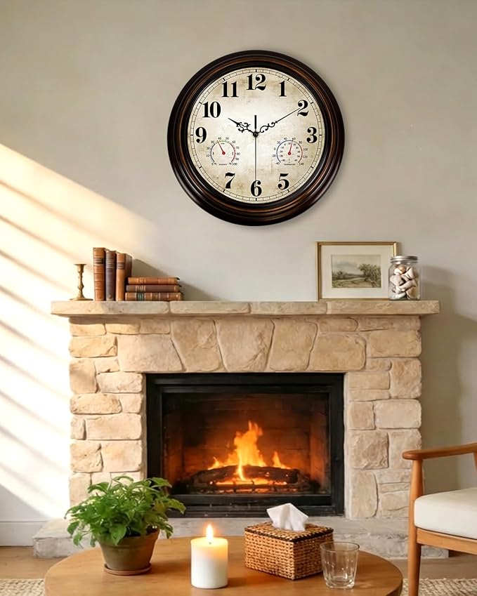 Vintage Wall Clock 13 Inch Quartz Silent Non-Ticking Analog Clock with Thermometer and Hygrometer, Battery Operated Rustic Round Decorative Clock for Living Room Home Office Classroom