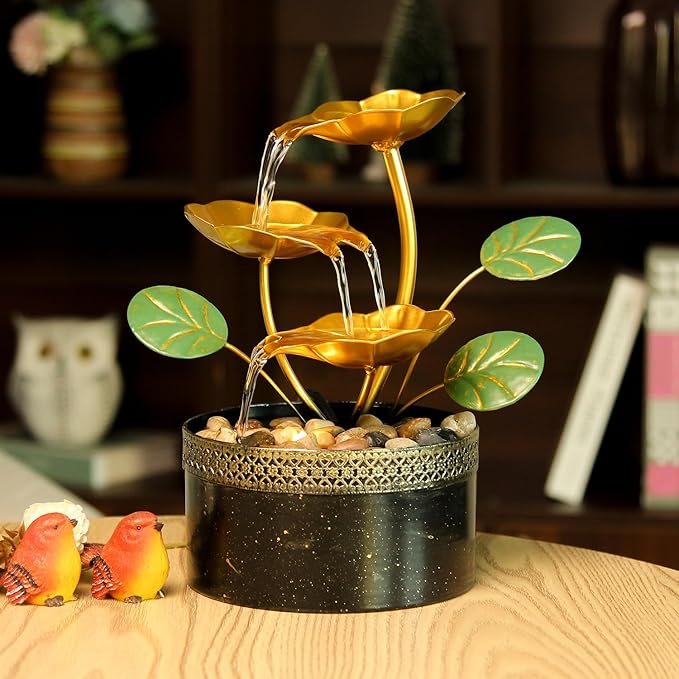 TiCin Tabletop Water Fountain with Gold Lotus Flowers, 9.8 x 6 x 6 inches, USB Powered, Indoor Relaxation Decor with Rocks