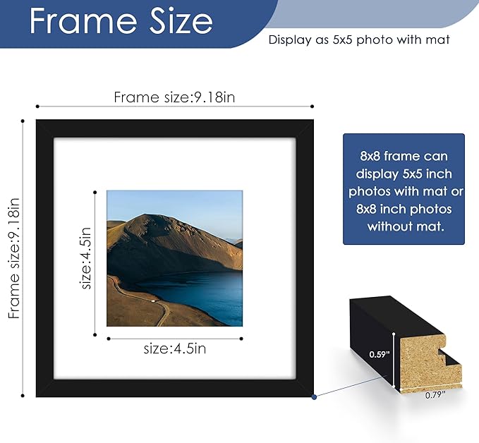 PEALSN 8x8 Picture Frame Set of 6, Display Pictures 5x5 with Mat or 8x8 without Mat for Wall Mounting or Table Top Display, Black.