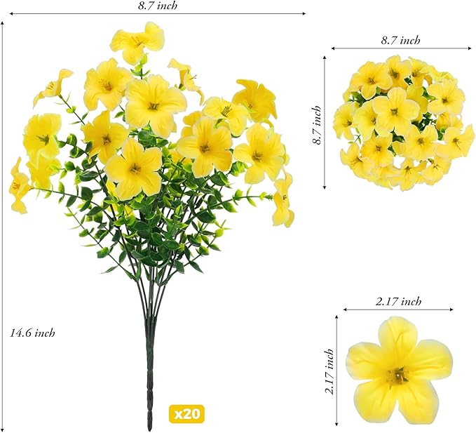 20 Bundles Artificial Petunias Flowers for Outdoors, Faux Silk Flowers UV Resistant Realistic Fake Plants for Outside Planters Porch Patio Yard Garden Spring Summer Home Decor, Yellow