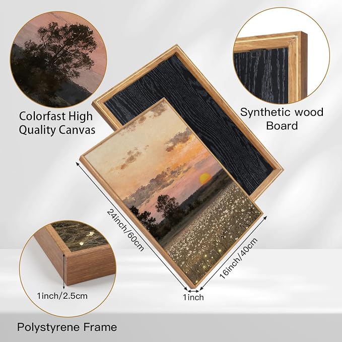 TOARTi Large Framed Countryside Landscape Canvas Wall Art, Wildflower Sunset Fireflies Painting Art Prints,Vintage Farmhouse Natural Scenery Wall Decor for Living Room Bedroom Office-16”x24”x3