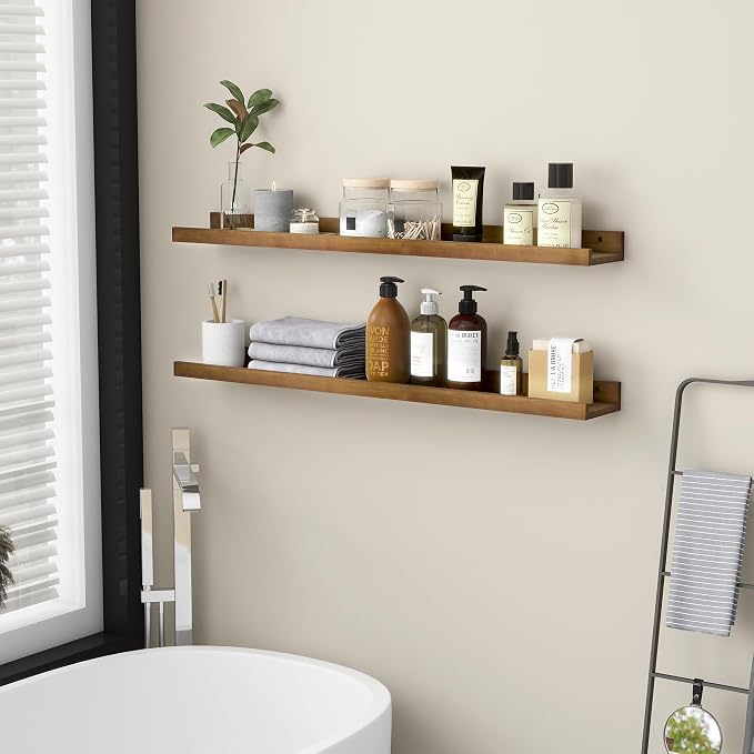 FLYJOE Picture Ledge Wall Shelves 36 inch Width Set of 2, Solid Pine Wood Rustic Floating Ledge Shelves for Wall for Kids' Room Bedroom Kitchen Bathroom Living Room Nursery Display Wall Decor, Walnut