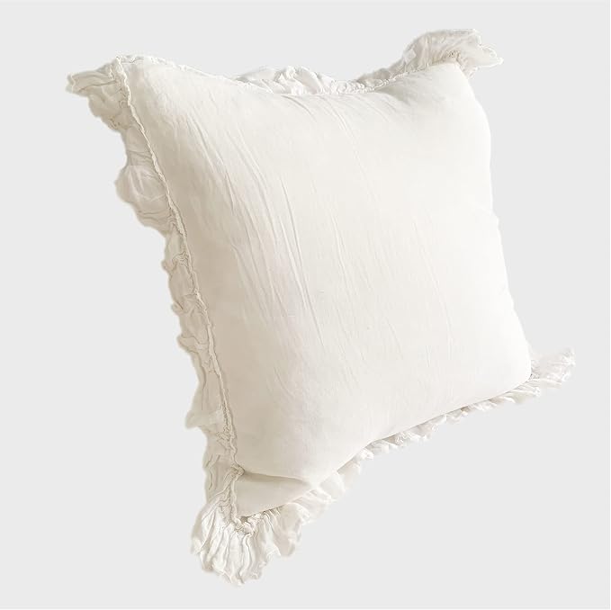 Ruffled Linen Euro Sham 26" x 26" (White) Farmhouse Decor, Super Soft