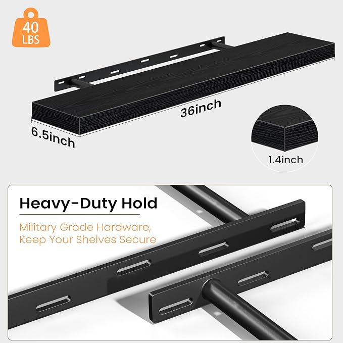 Fun Memories Floating Shelves for Wall, 36 Inch Long Set of 2 Rustic Wood Wall Shelves with Invisible Brackets, Heavy Duty Storage Display for Living Room Bedroom Kitchen, Black