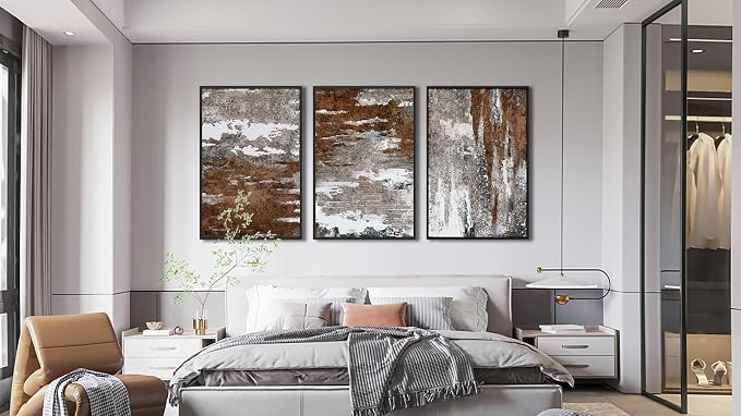 Large Framed Canvas Wall Art - Rustic Brown and White Abstract Pictures for Living Room Aesthetic Vintage Wall Decor Retro Prints for Bedroom Dinning Room Black Float Framed 16" X 24" X 3 pcs