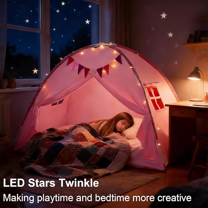 Twin Bed Tent Canopy, Indoor Blackout Privacy Toddler Bed Tent for Kids with Light, Portable Sleeping Floor Kids Playhouse (Pink, Twin Size)