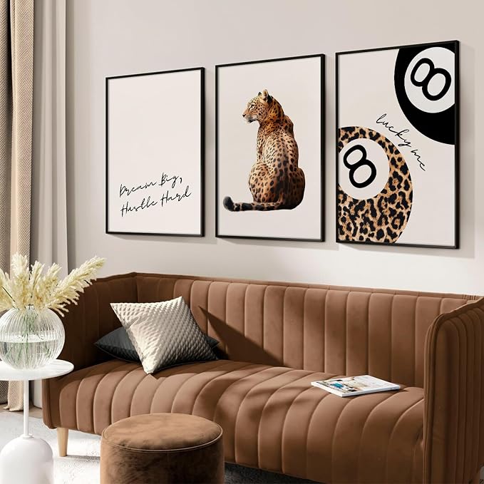 Leopard Wall Art Cheetah Canvas Prints Lucky 8 Ball Wall Decor Aesthetic Poster Fashion Leopard Pictures Trendy Lucky Me Painting Preppy Artwork for Living Room Bedroom 16x24 Inch Unframed Set of 3