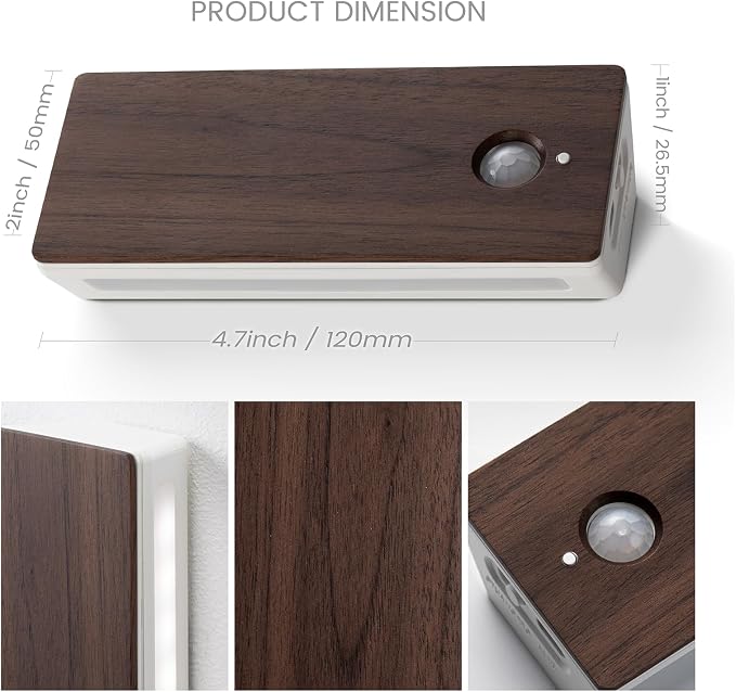 Motion Sensor Night Light Indoor, Rechargeable Wood Sensor Stair Lights, Magnetic Stick-on Light, Soft Two-Sided Glow, Adjustable Brightness for Bedroom, Hallway