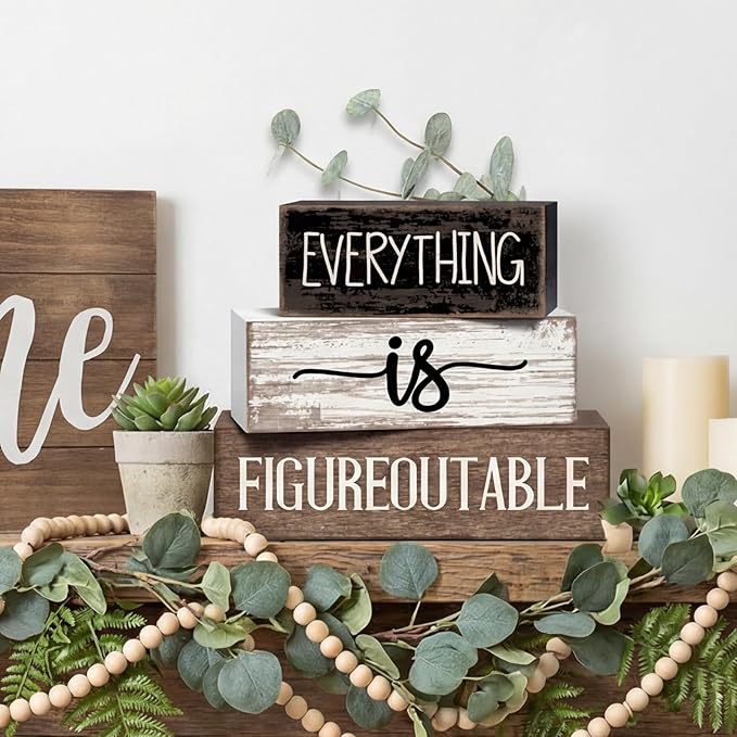 Lineshading 4 Pcs Inspirational Farmhouse Table Decor Everything Is Figureoutable Stacked Wooden Block Signs with Inspirational Quote Eucalyptus Leaves for Home, Living Room, Shelf Housewarming Gift